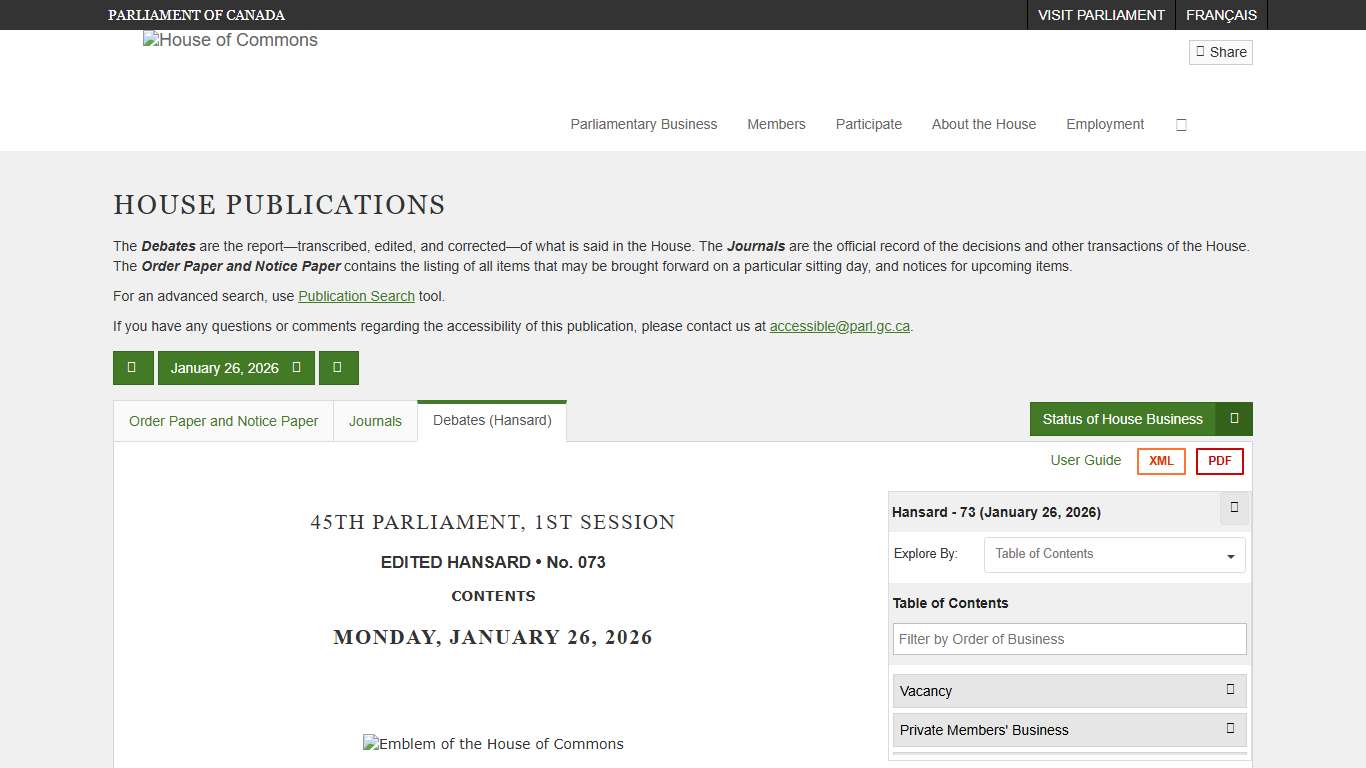 Debates (Hansard) No. 73 - January 26, 2026 (45-1) - House of Commons of Canada